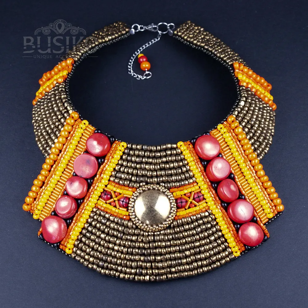 African bib necklace bronze and orange color with coral beads